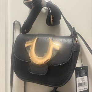 True Religion Crossbody Bag in Black with Gold Logo